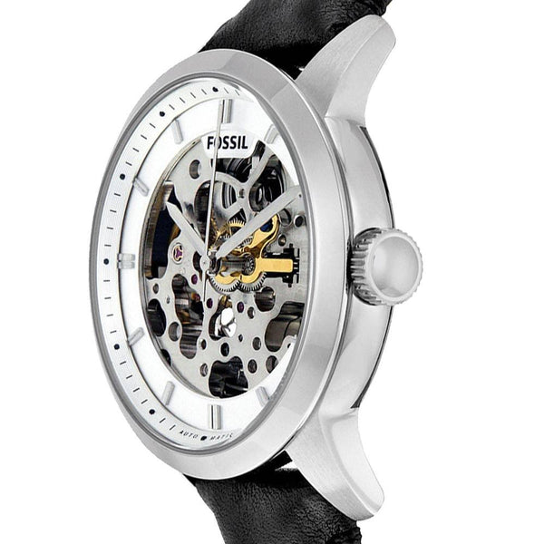 Fossil Grant Skeleton White Dial Black Leather Strap Watch for Men - ME3053
