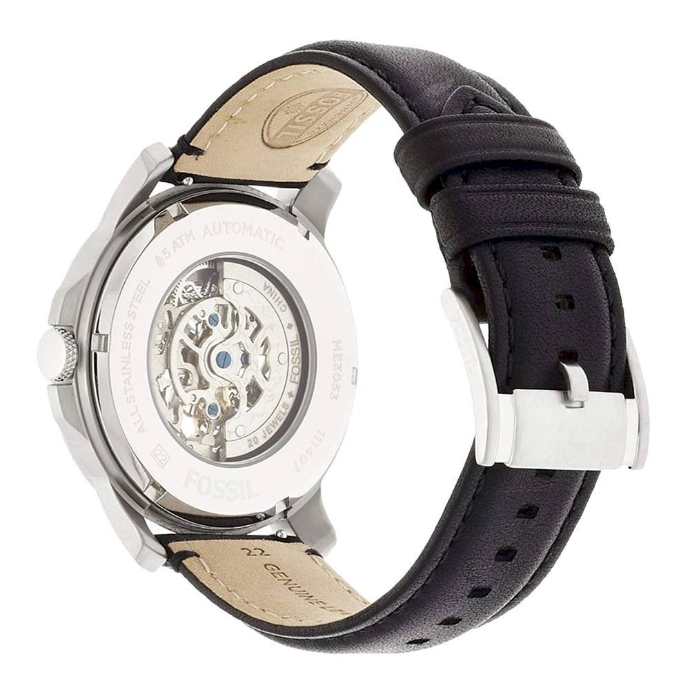 Fossil Grant Skeleton White Dial Black Leather Strap Watch for Men - ME3053