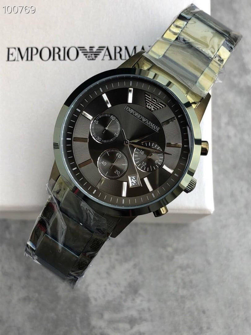 Emporio Armani Renato Chronograph Quartz Grey Dial Green Steel Strap Watch For Men - AR11117