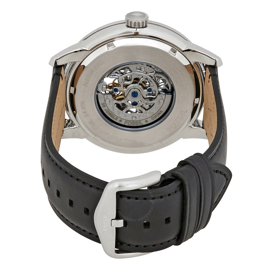 Fossil Grant Skeleton White Dial Black Leather Strap Watch for Men - ME3053