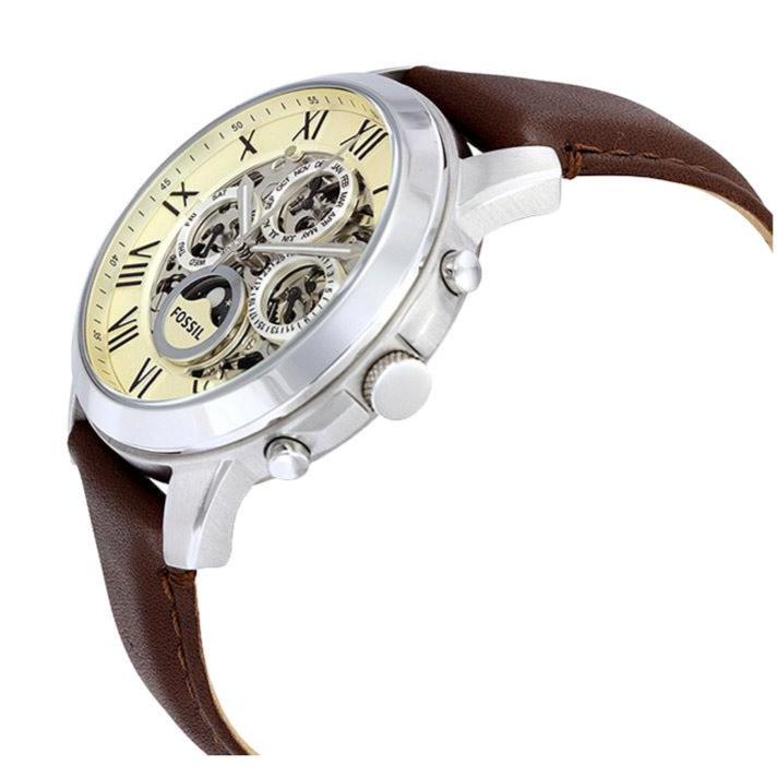 Fossil Grant Automatic White Dial Brown Leather Strap Watch for Men - ME3027