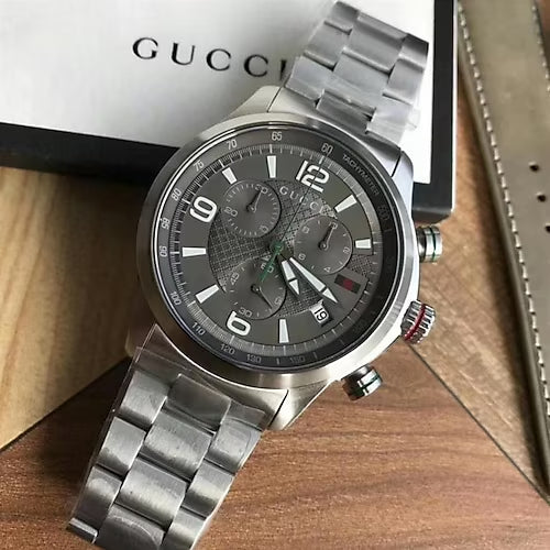 Gucci G Timeless Chronograph Grey Dial Silver Steel Strap Watch For Men - YA126238