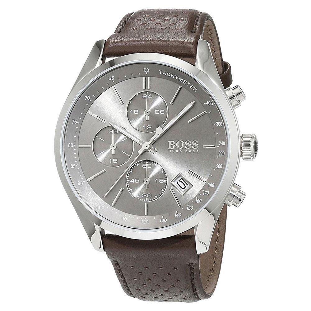 Hugo Boss Grand Prix Grey Dial Brown Leather Strap Watch for Men - 1513476