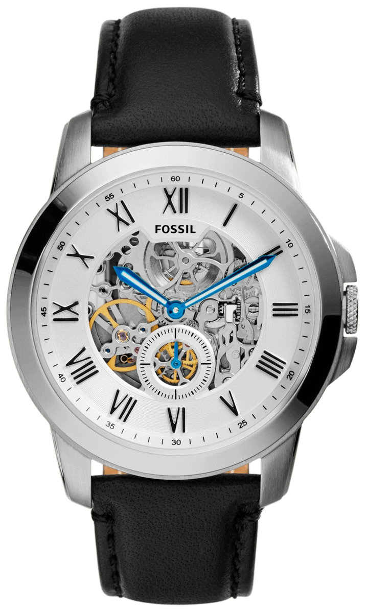 Fossil Grant Skeleton White Dial Black Leather Strap Watch for Men - ME3053