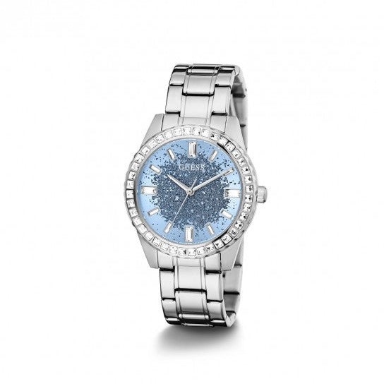 Guess Glitter Burst Diamonds Blue Dial Silver Steel Strap Watch for Women - GW0405L1