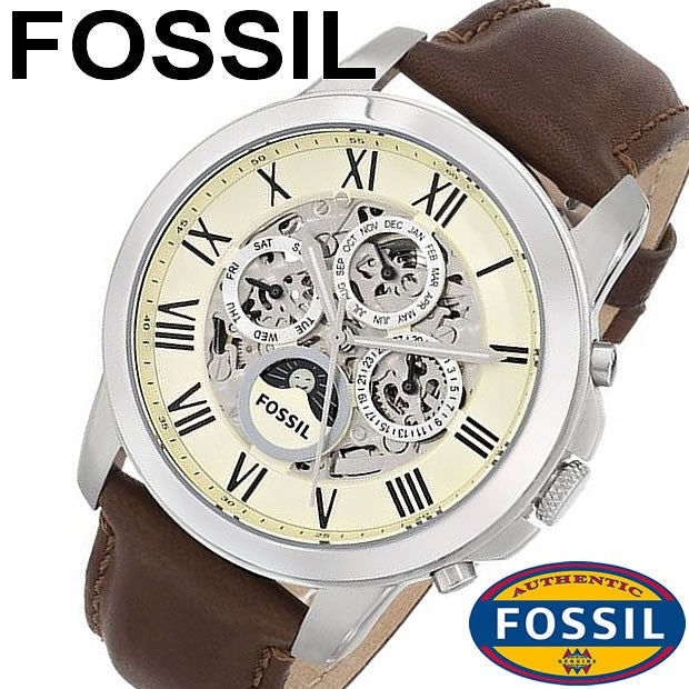 Fossil Grant Automatic White Dial Brown Leather Strap Watch for Men - ME3027
