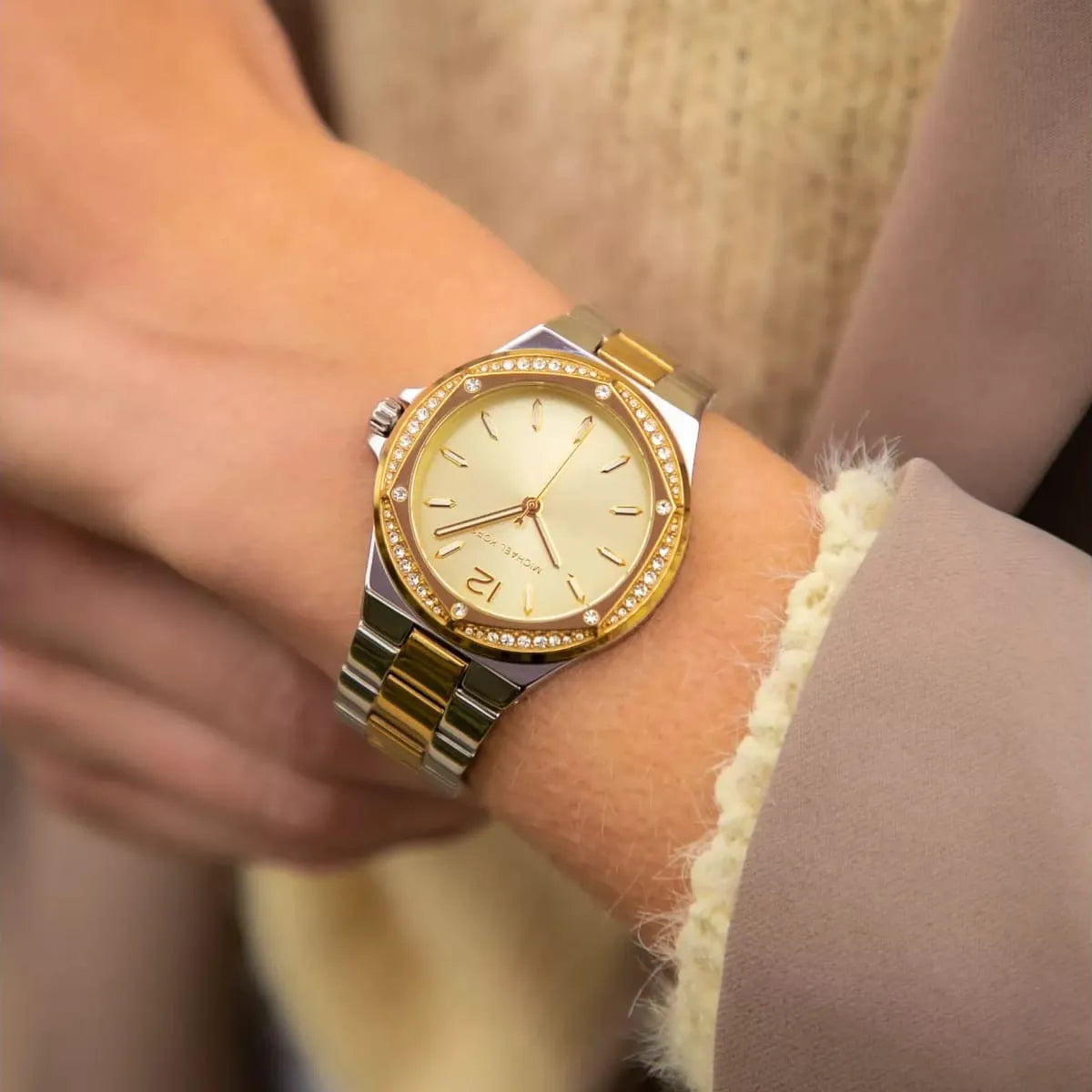 Michael Kors Lennox Three-Hand Gold Dial Two Tone Steel Strap Watch For Women - MK6988