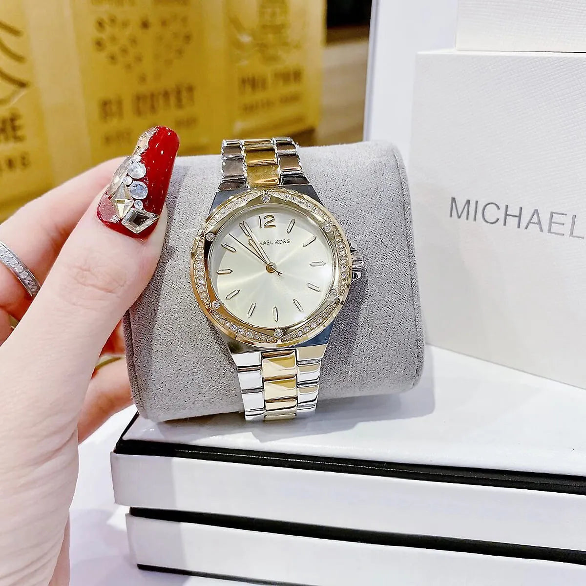 Michael Kors Lennox Three-Hand Gold Dial Two Tone Steel Strap Watch For Women - MK6988