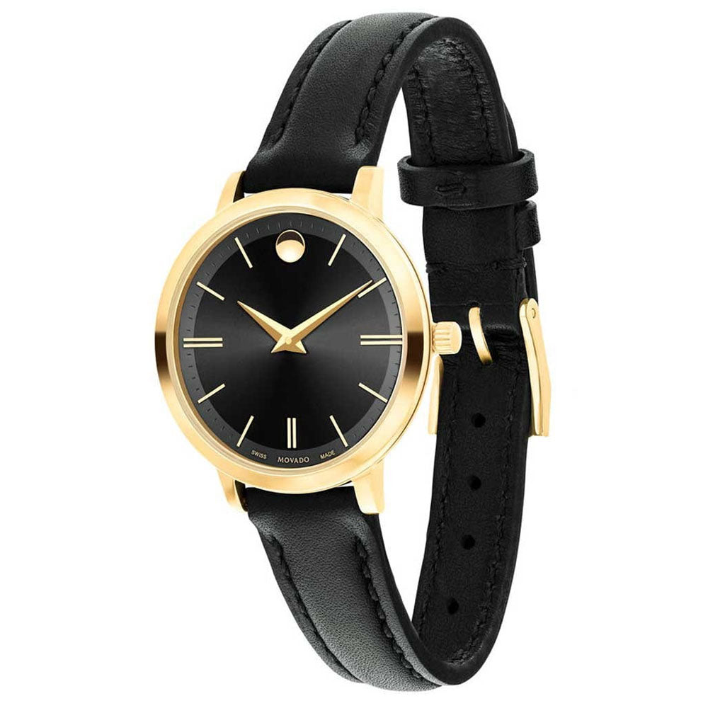 Movado Ultra Slim Black Dial Black Leather Strap Watch For Women - 0607095