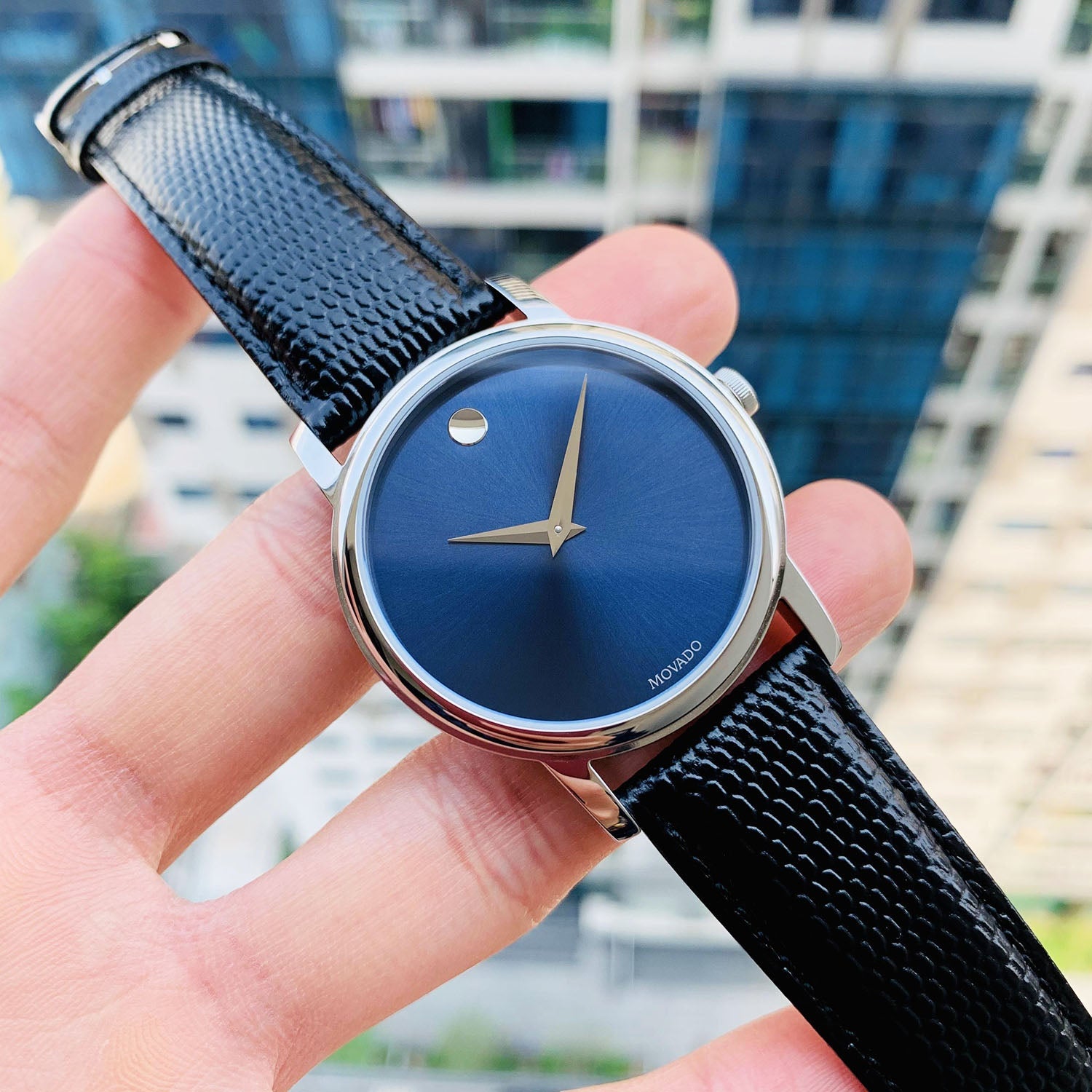 Movado Museum Blue Dial Black Leather Strap Watch For Men - 2100009