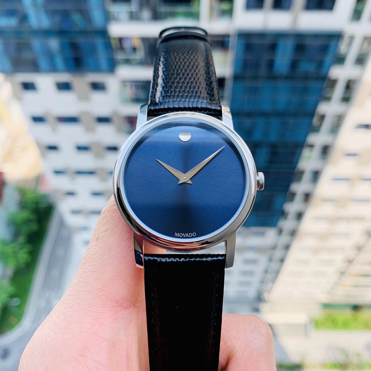 Movado Museum Blue Dial Black Leather Strap Watch For Men - 2100009