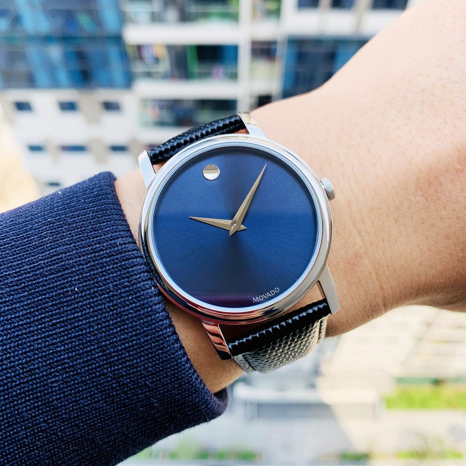 Movado Museum Blue Dial Black Leather Strap Watch For Men - 2100009