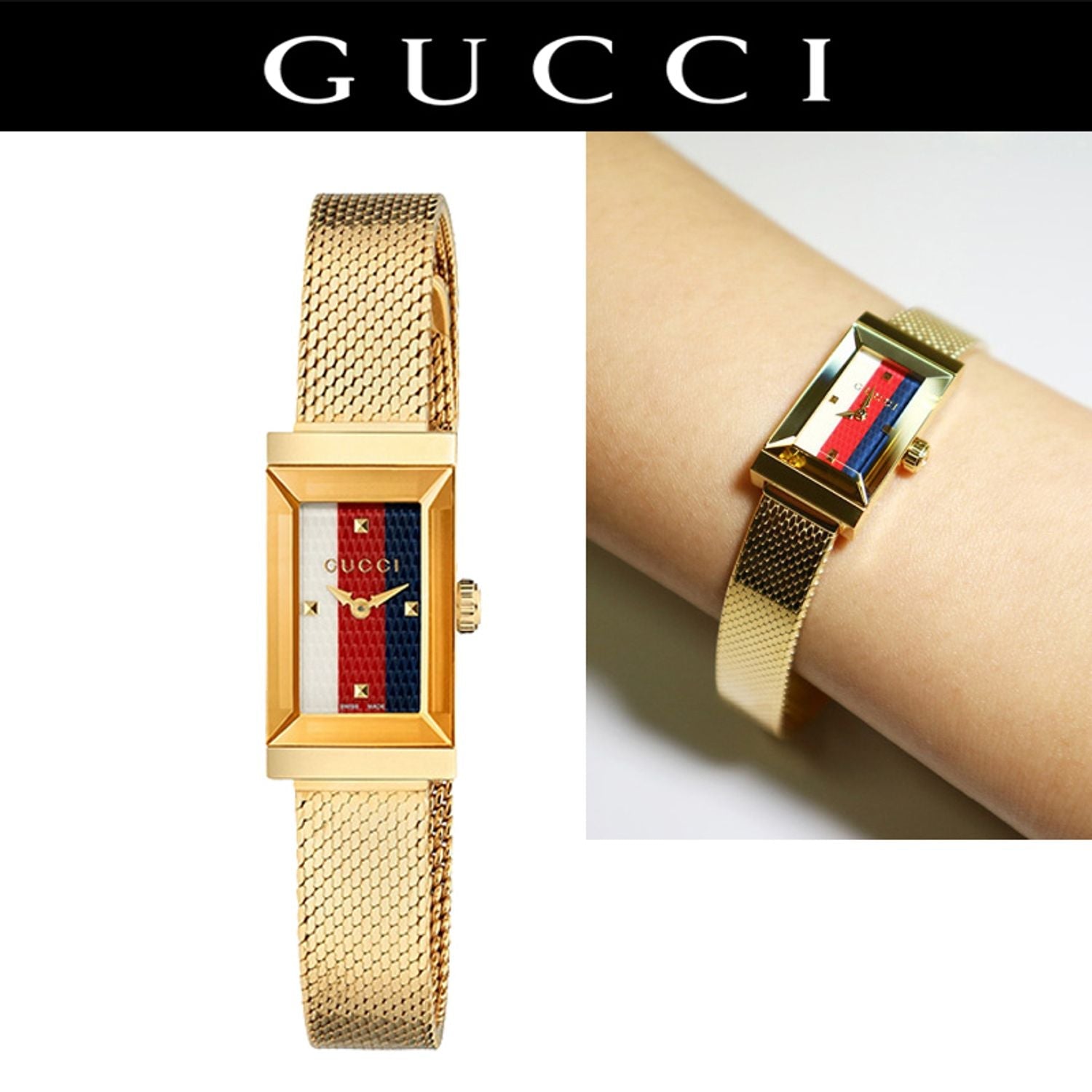 Gucci G Frame Quartz Diamonds White Red Blue Dial Gold Mesh Bracelet Watch For Women - YA147511