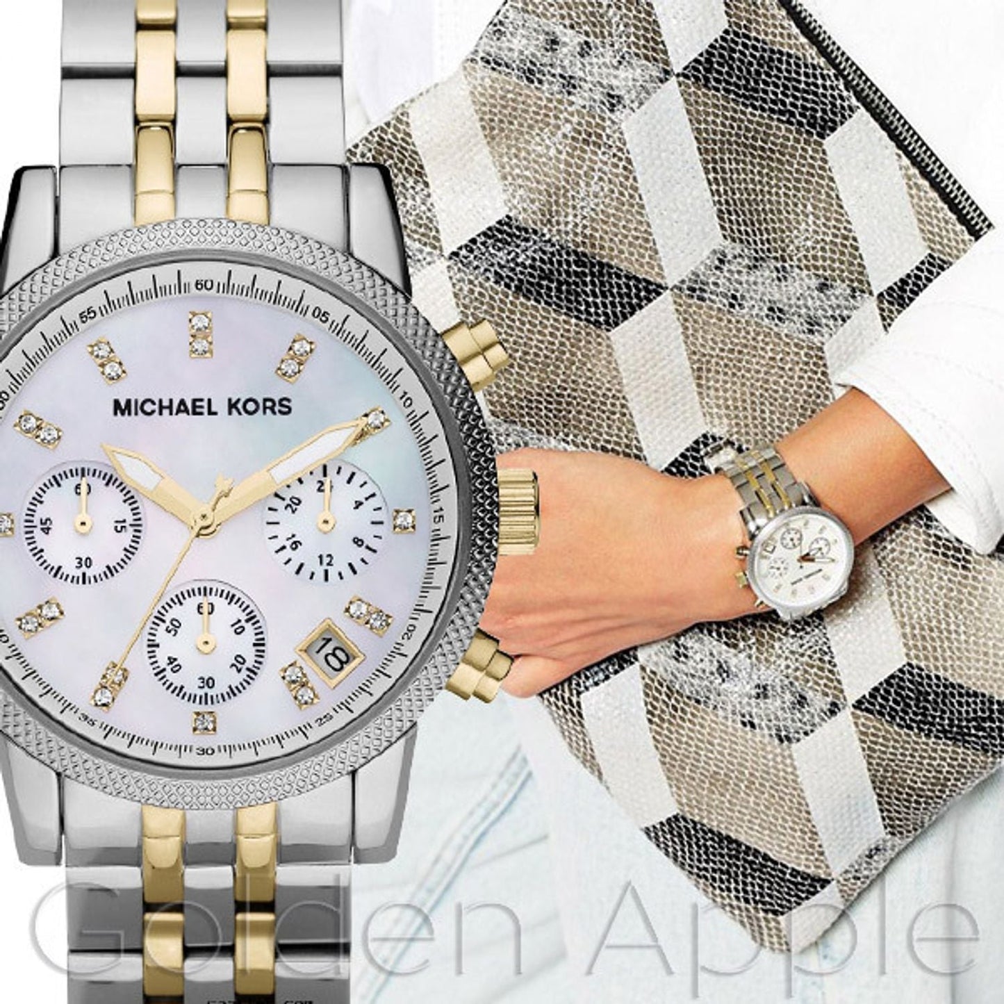 Michael Kors Ritz Chronograph White Dial Two Tone Steel Strap Watch for Women - MK5057