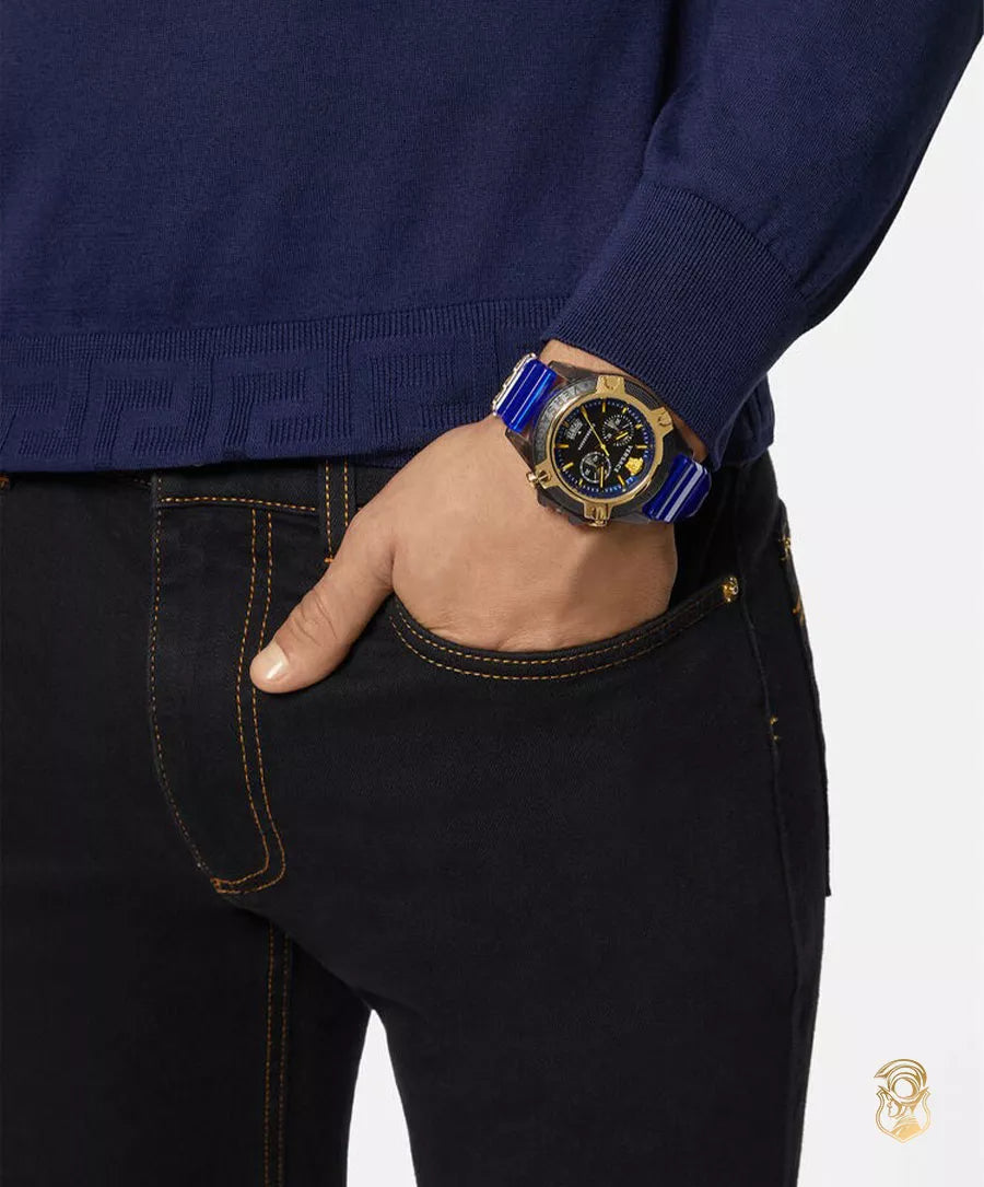 Versace Icon Active Chronograph Black Dial Blue Rubber Strap Watch For Men VEZ700521