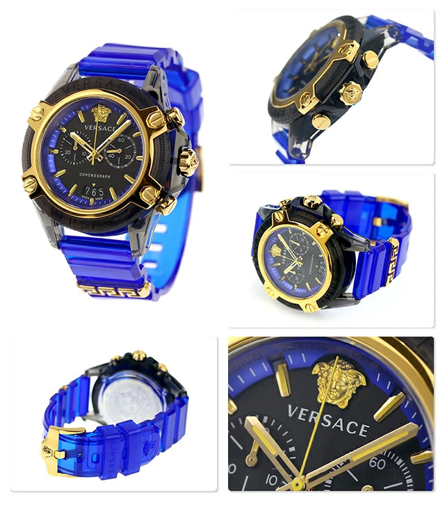 Versace Icon Active Chronograph Black Dial Blue Rubber Strap Watch For Men VEZ700521