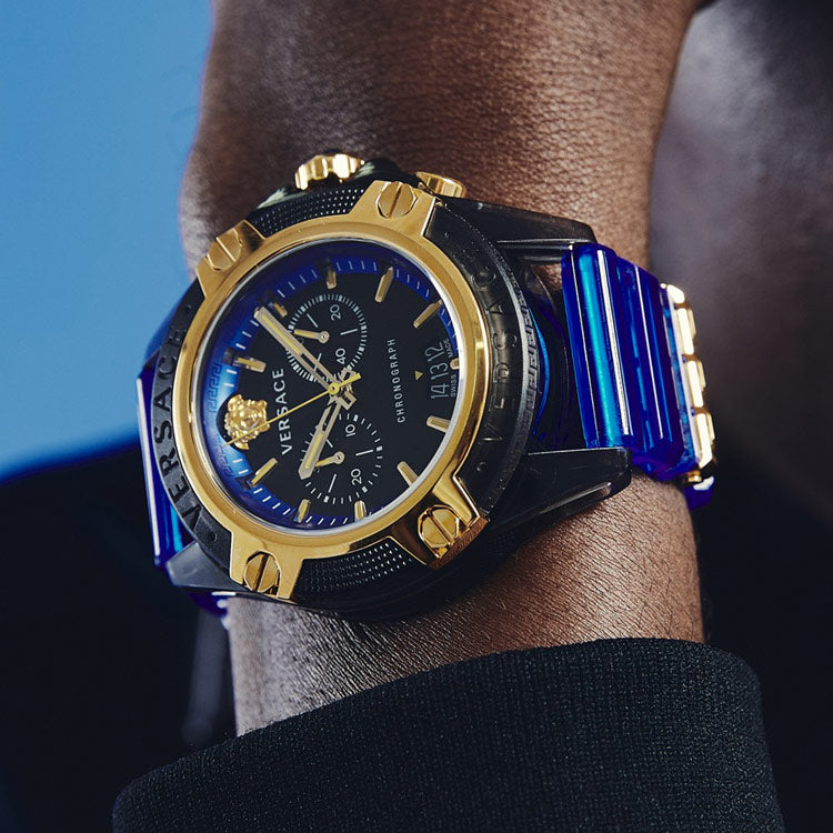 Versace Icon Active Chronograph Black Dial Blue Rubber Strap Watch For Men VEZ700521