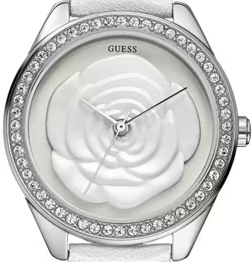 Guess Rosette Analog White Dial White Leather Strap Watch For Women - W75043L1