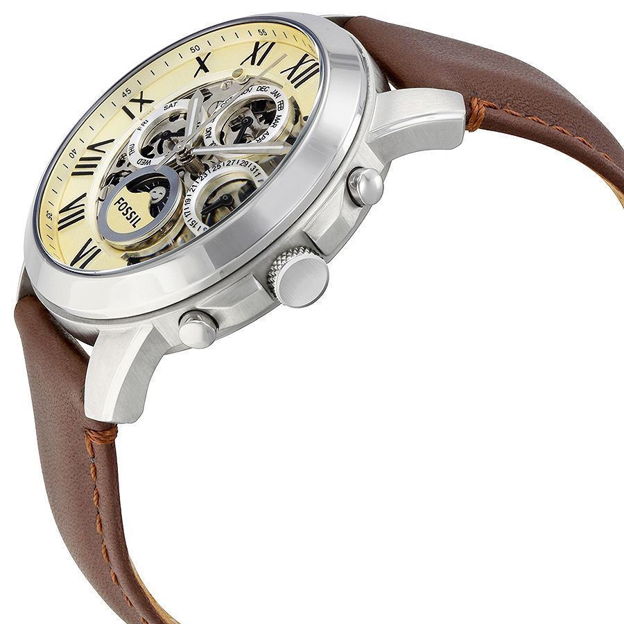 Fossil Grant Automatic White Dial Brown Leather Strap Watch for Men - ME3027