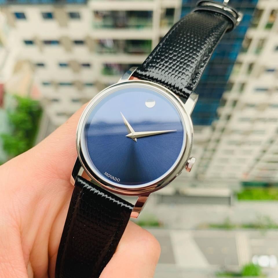 Movado Museum Blue Dial Black Leather Strap Watch For Men - 2100009