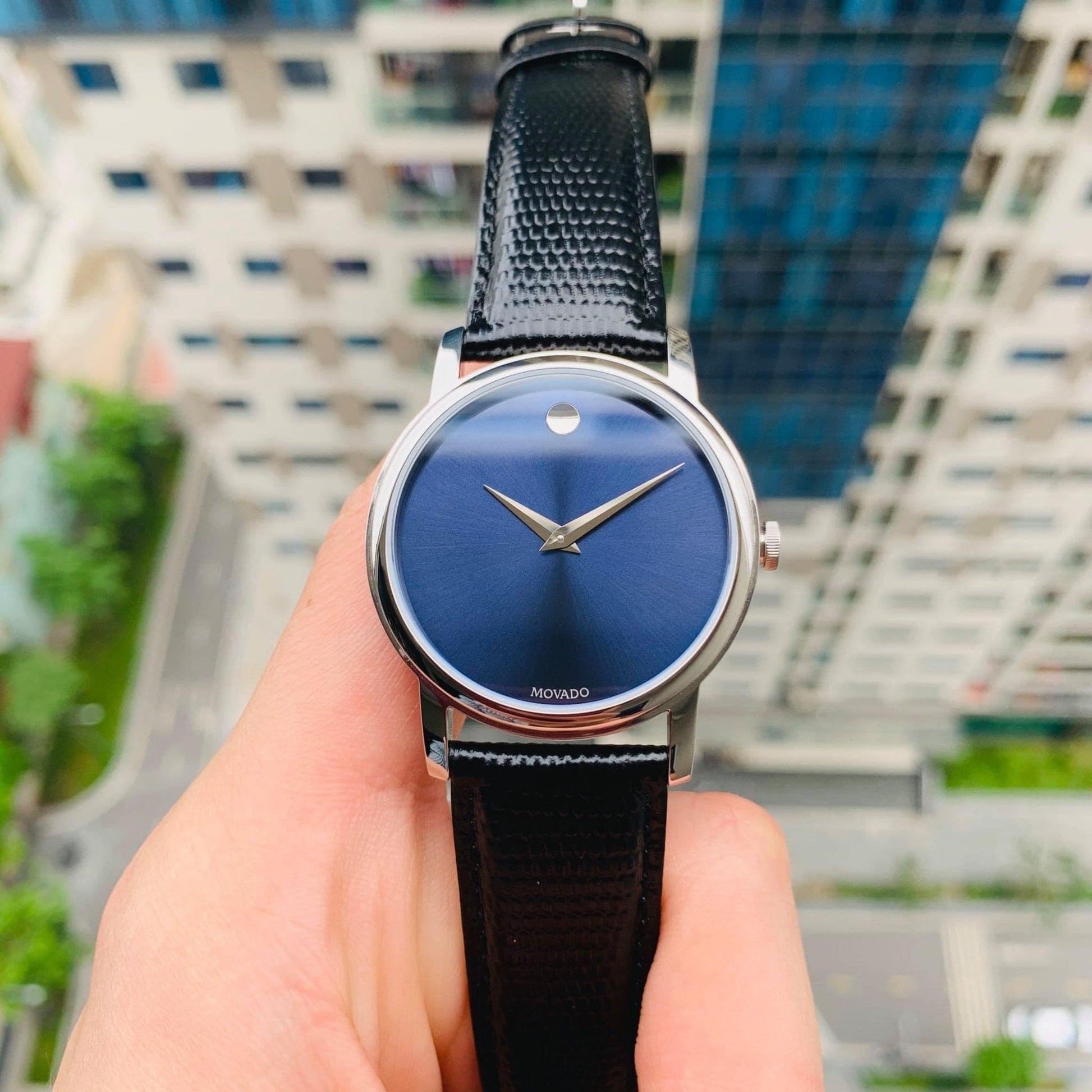 Movado Museum Blue Dial Black Leather Strap Watch For Men - 2100009