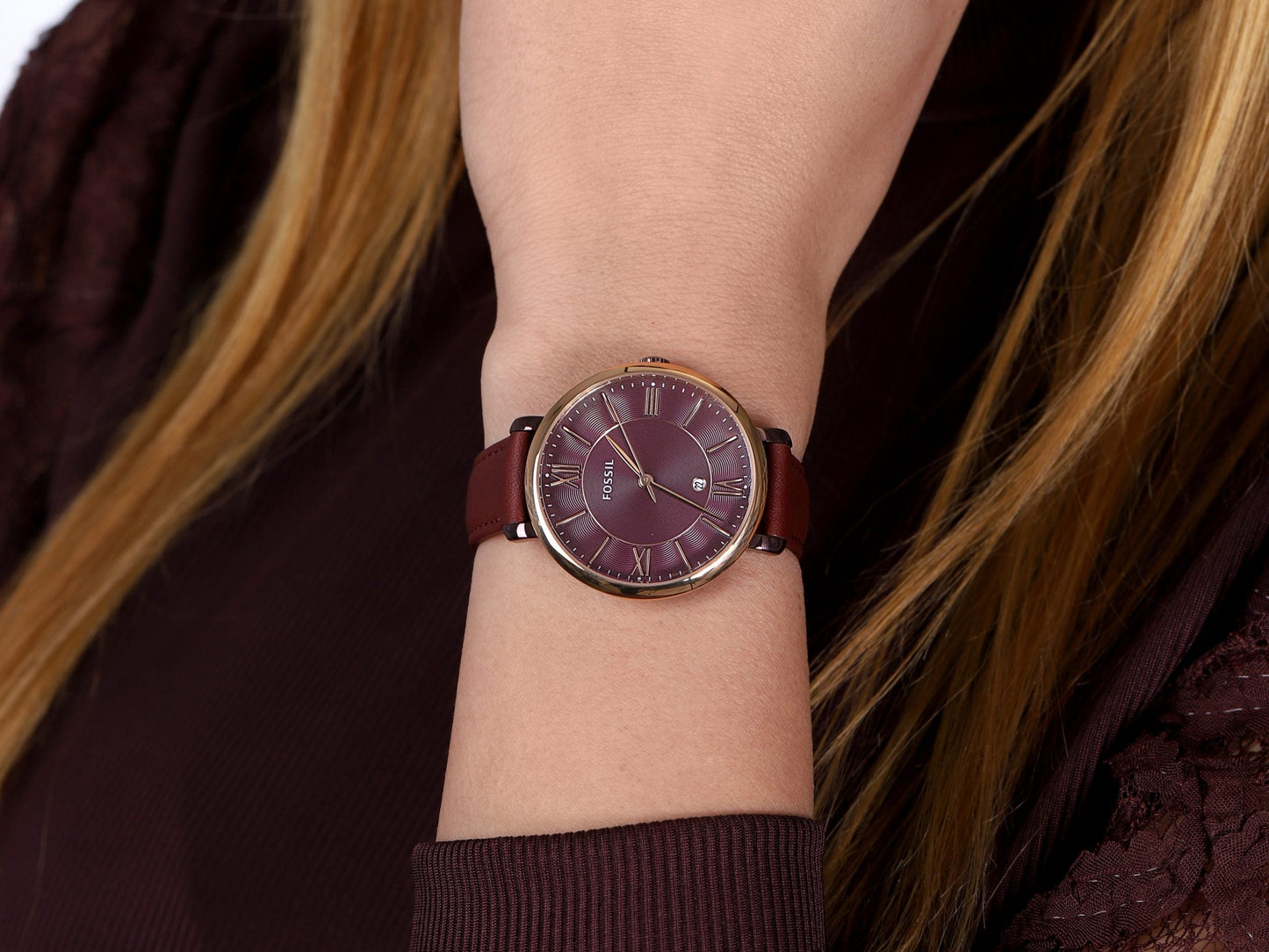 Fossil Jacqueline Burgundy Dial Burgundy Leather Strap Watch for Women - ES4099
