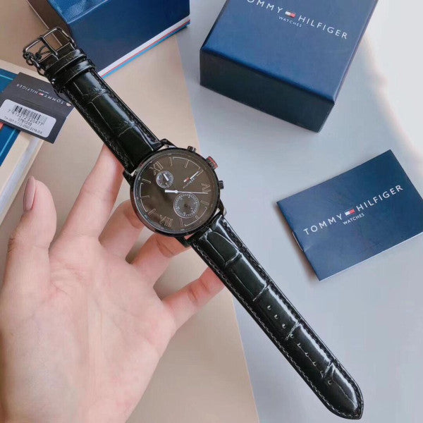 Tommy Hilfiger Aden Chronograph Black Dial Black Leather Strap Watch for Men - 1791310