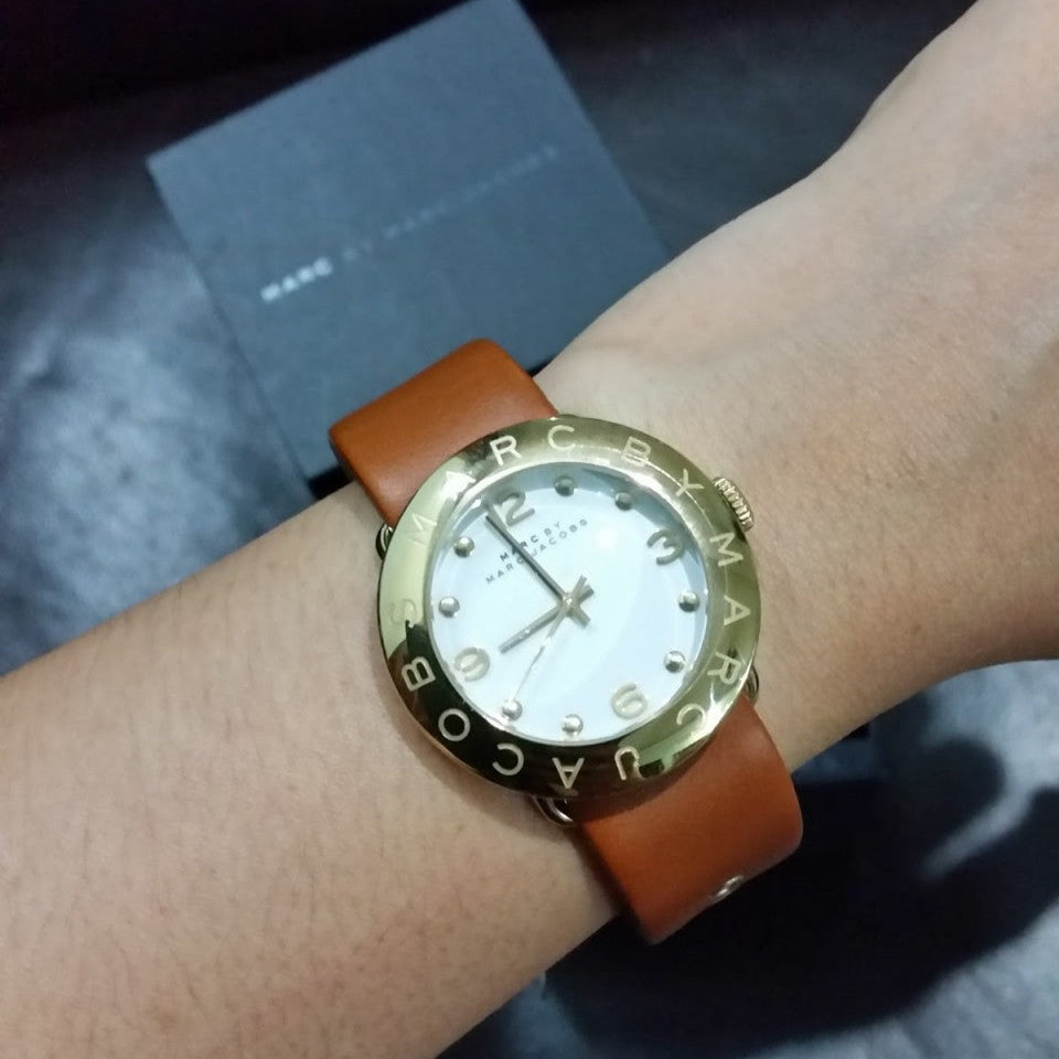 Marc Jacobs Amy White Dial Brown Leather Strap Watch for Women - MBM8574