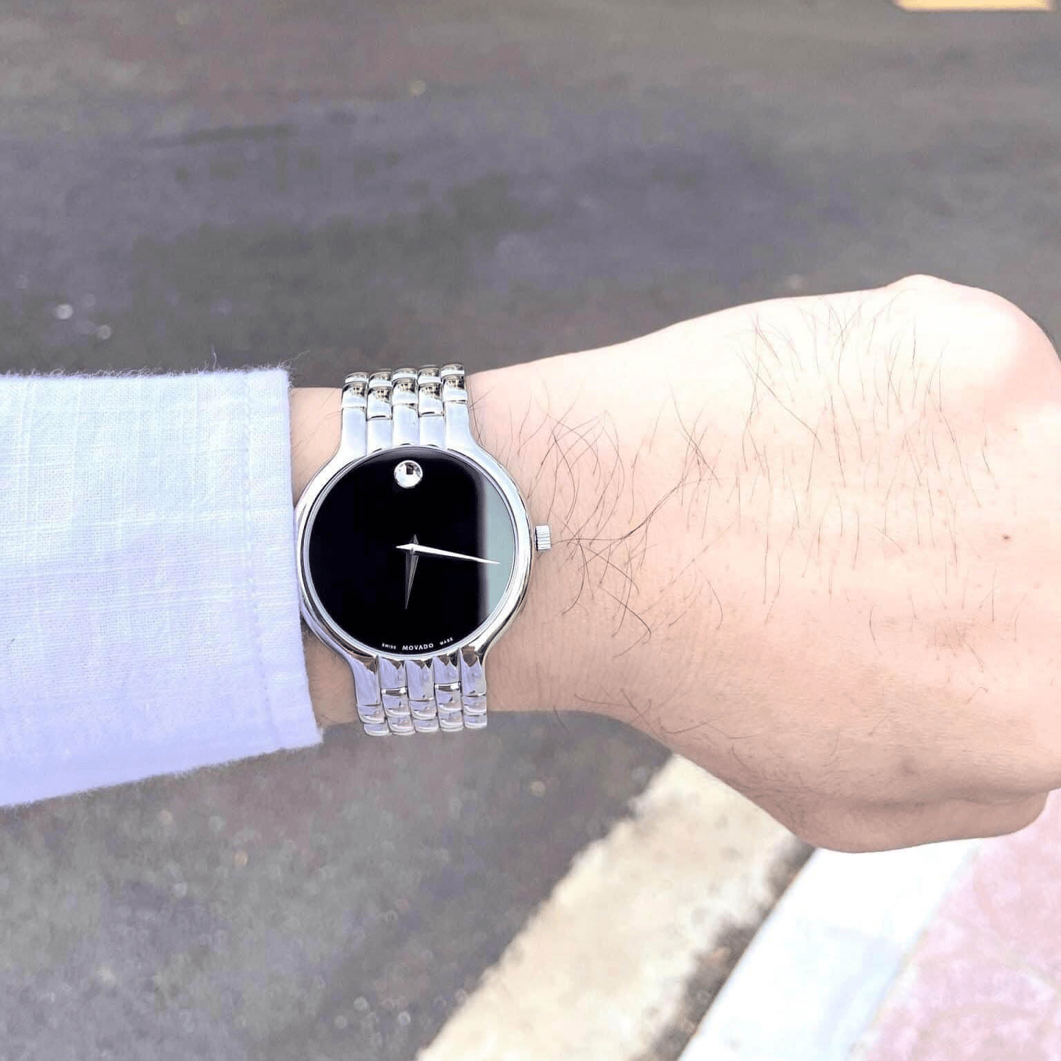 Movado Classic Quartz Black Dial Silver Steel Strap Watch for Men - 0606337