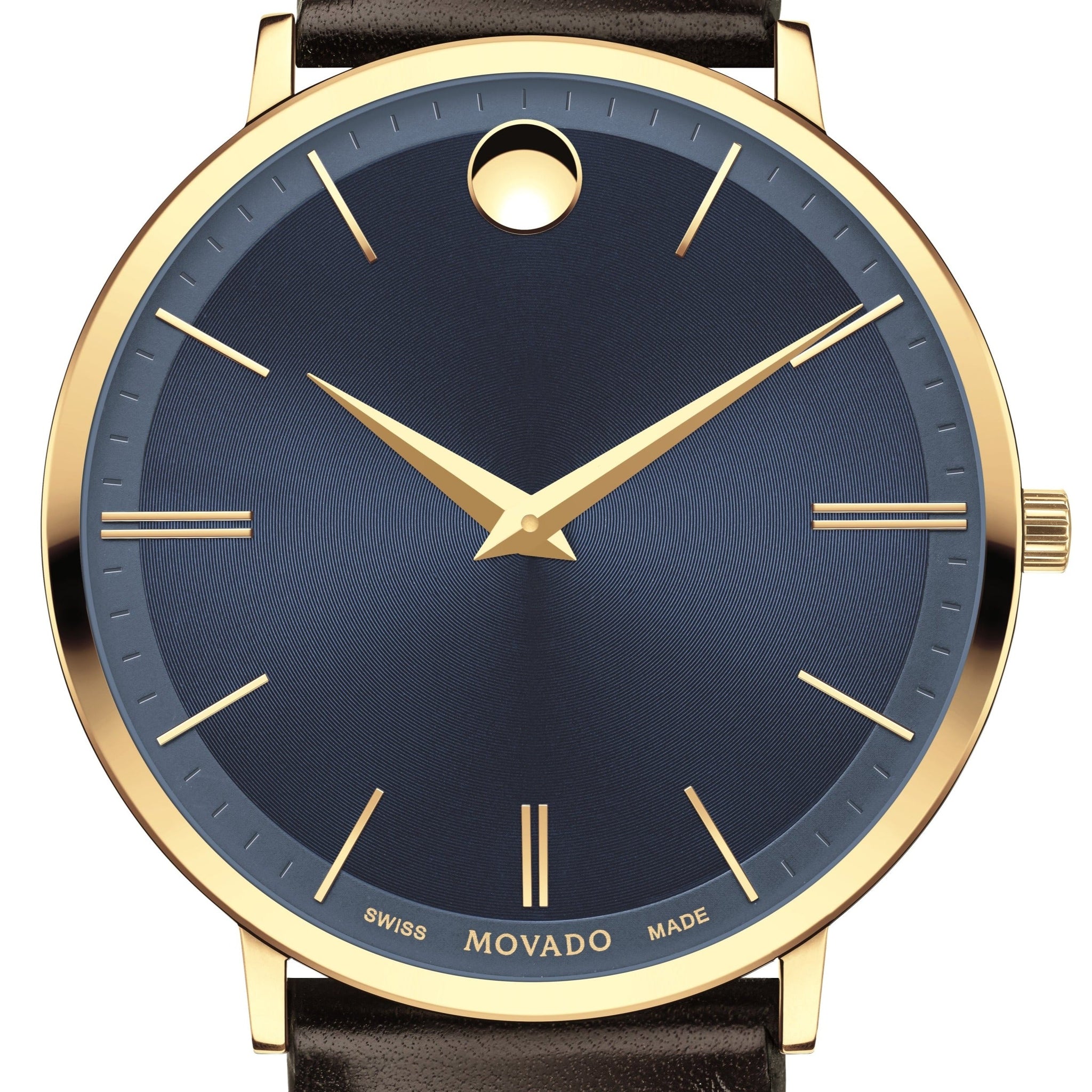 Movado Ultra Slim Blue Dial Brown Leather Strap Watch For Men - 0607088