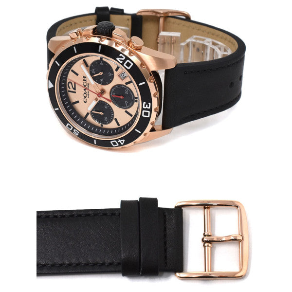 Coach Kent Chronograph Rose Gold Dial Black Leather Strap Watch for Men - 14602559