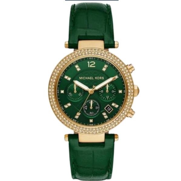 Michael Kors Parker Chronograph Green Dial Green Leather Strap Watch For Women - MK6985