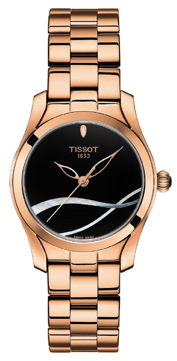 Tissot T Wave Black Dial Rose Gold Steel Strap Watch For Women - T112.210.33.051.00
