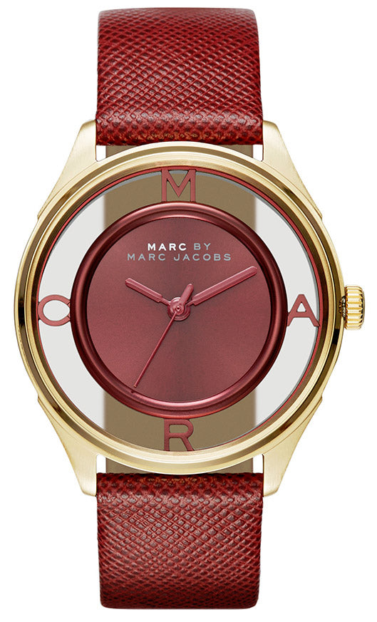 Marc Jacobs Tether Transparent Red Dial Red Leather Strap Watch for Women - MBM1377