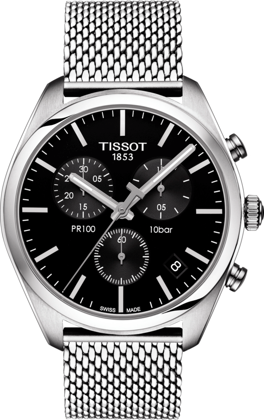 Tissot PR 100 Chronograph Black Dial Silver Mesh Bracelet Watch For Men - T101.417.11.051.01
