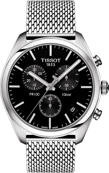 Tissot PR 100 Chronograph Black Dial Silver Mesh Bracelet Watch For Men - T101.417.11.051.01