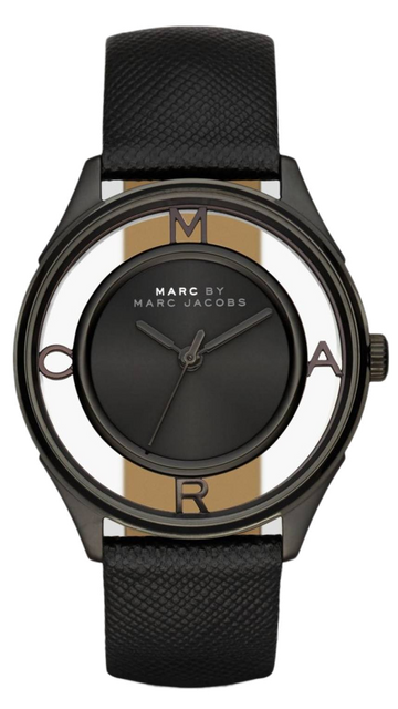 Marc Jacobs Tether Transparent Black Dial Black Leather Strap Watch for Women - MBM1379