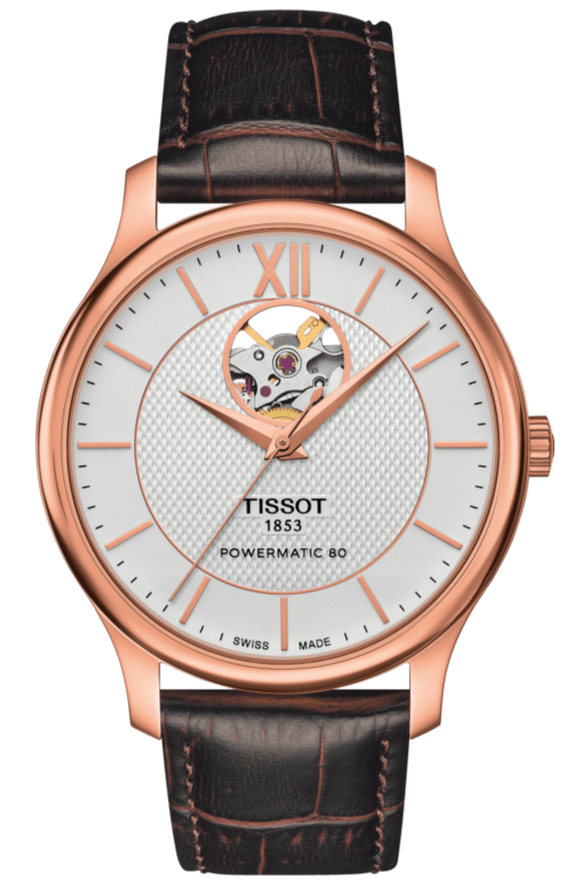 Tissot Tradition Powermatic 80 Open Heart Silver Dial Brown Leather Strap Watch For Men - T063.907.36.038.00