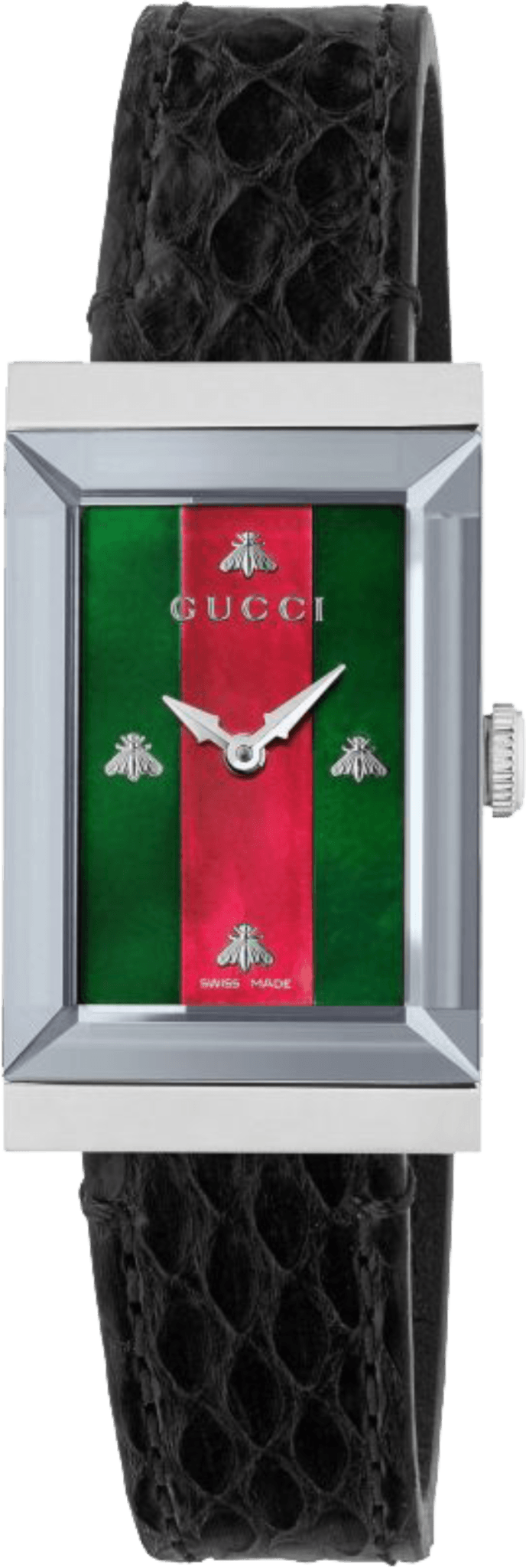 Gucci G-Frame Mother of Pearl Green & Red Dial Black Leather Strap Watch For Women - YA147403