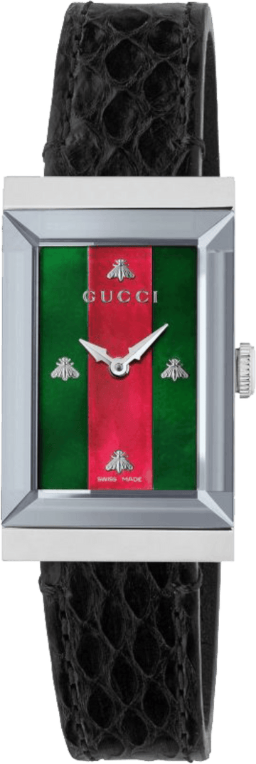Gucci G-Frame Mother of Pearl Green & Red Dial Black Leather Strap Watch For Women - YA147403