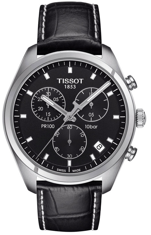 Tissot PR 100 Chronograph Black Dial Black Leather Strap Watch For Men - T101.417.16.051.00