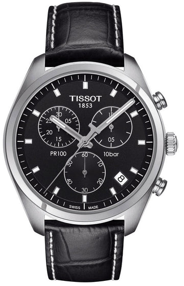 Tissot PR 100 Chronograph Black Dial Black Leather Strap Watch For Men - T101.417.16.051.00