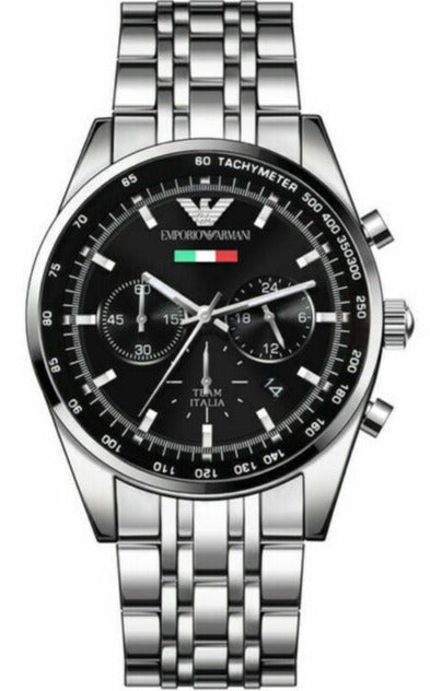 Emporio Armani Team Italia Chronograph Black Dial Silver Steel Strap Watch For Men - AR5983