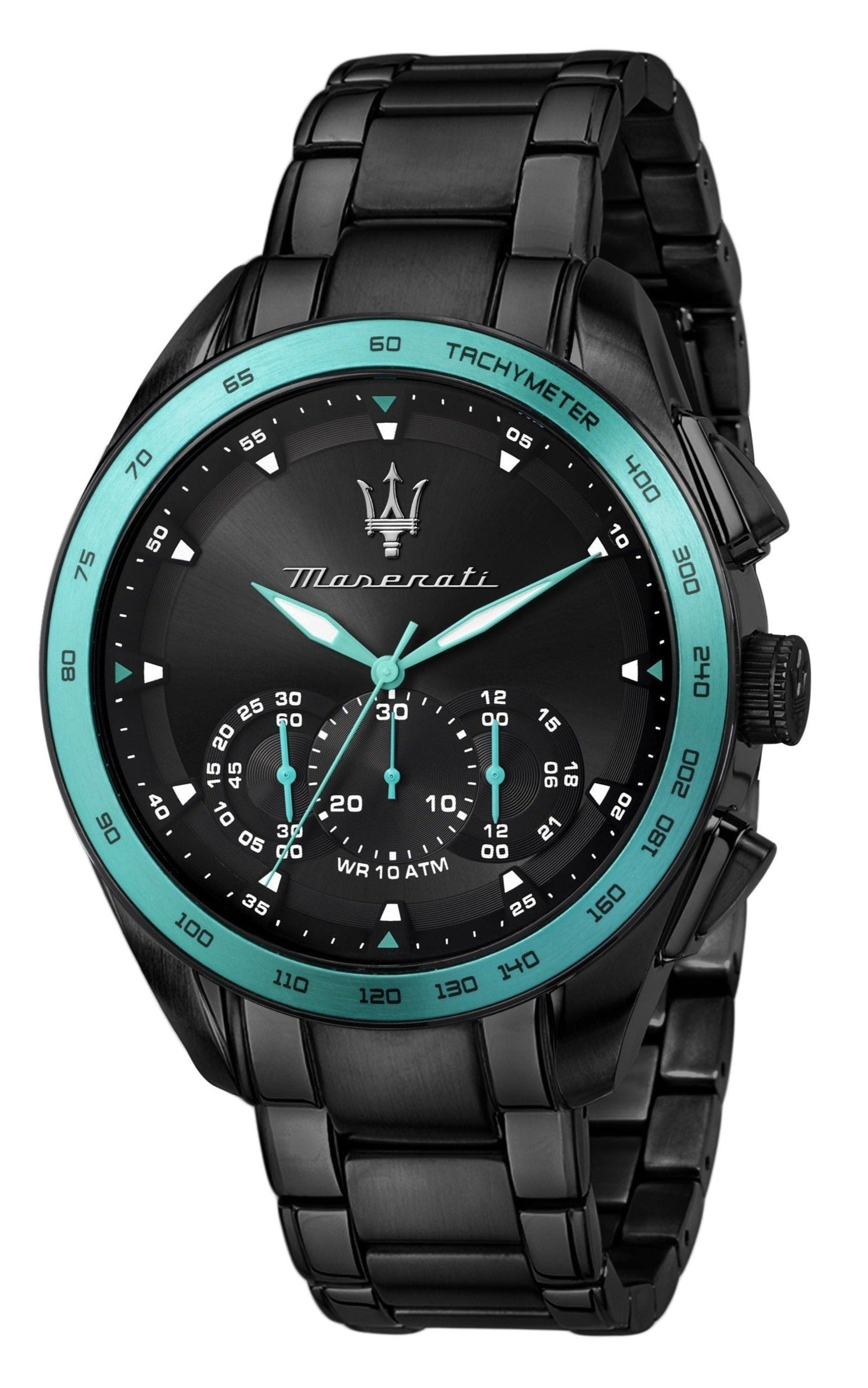 Maserati Traguardo Chronograph Aqua Edition Black Dial Black Steel Strap Watch For Men - R8873644002