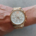 Michael Kors Lexington Chronograph White Dial Rose Gold Steel Strap Watch For Women - MK8313