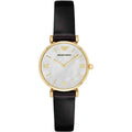 Emporio Armani Gianni T-Bar Quartz Mother of Pearl Dial Black Leather Strap Watch For Women - AR1910