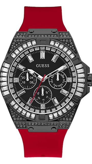 Guess Mainline Multifunction Crystals Black Dial Red Silicone Strap Watch For Men - GW0208G6