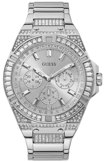 Guess Zeus Multifunction Diamonds Silver Dial Silver Steel Strap Watch for Men - GW0209G1