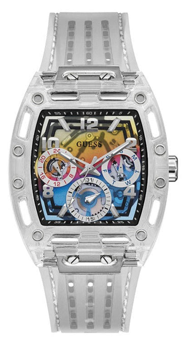 Guess Phoenix Polycarbonate Clear Multi-function Black Dial Clear Rubber Strap Watch for Men - GW0499G3