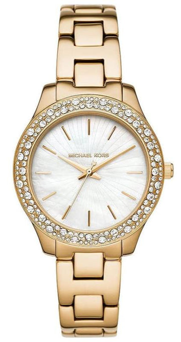 Michael Kors Liliane Mother of Pearl White Dial Gold Steel Strap Watch For Women - MK4555